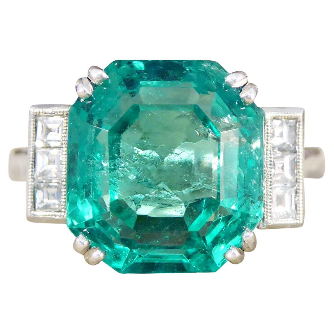 6.19ct Octagonal Cut Columbian Emerald and Diamond Ring Platinum with Gem Cert For Sale