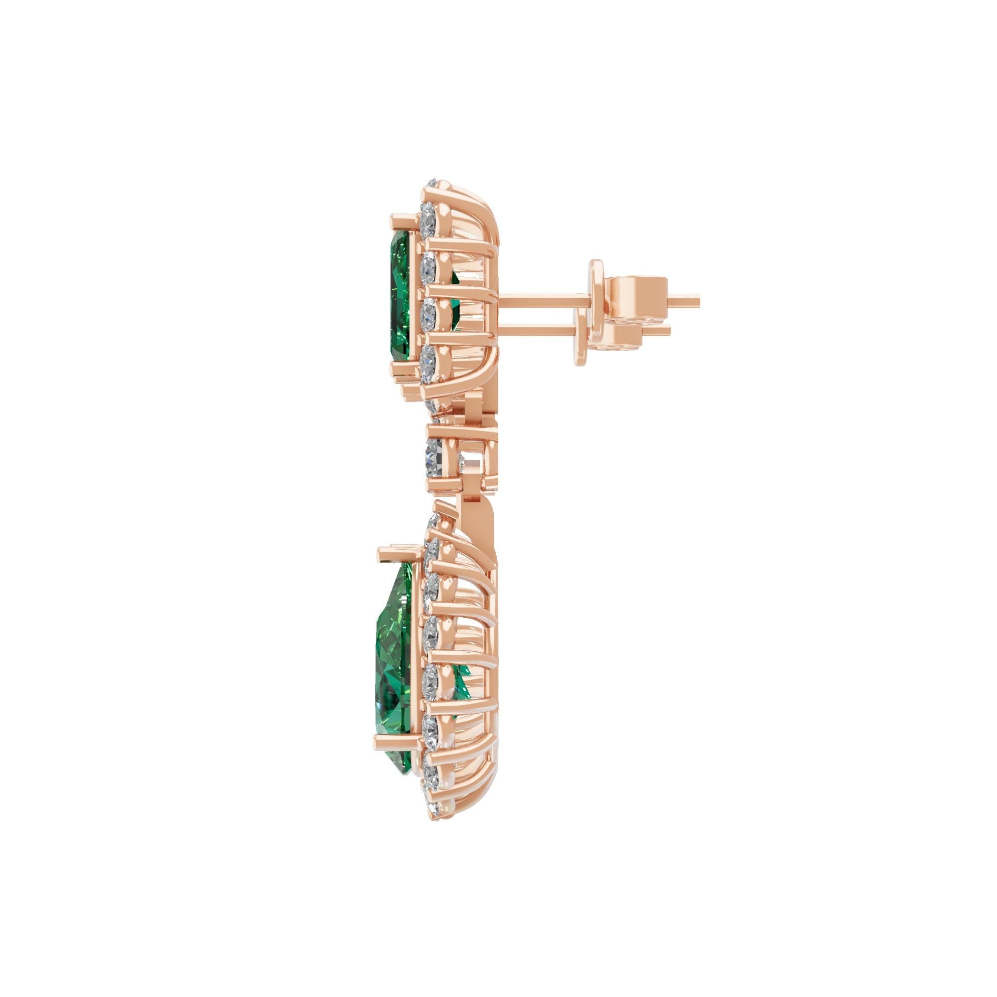 Taille poire 6.19cts Zambian Emerald 1.99 cts SI/H Diamond Dangle Earrings 18k Rose Gold en vente