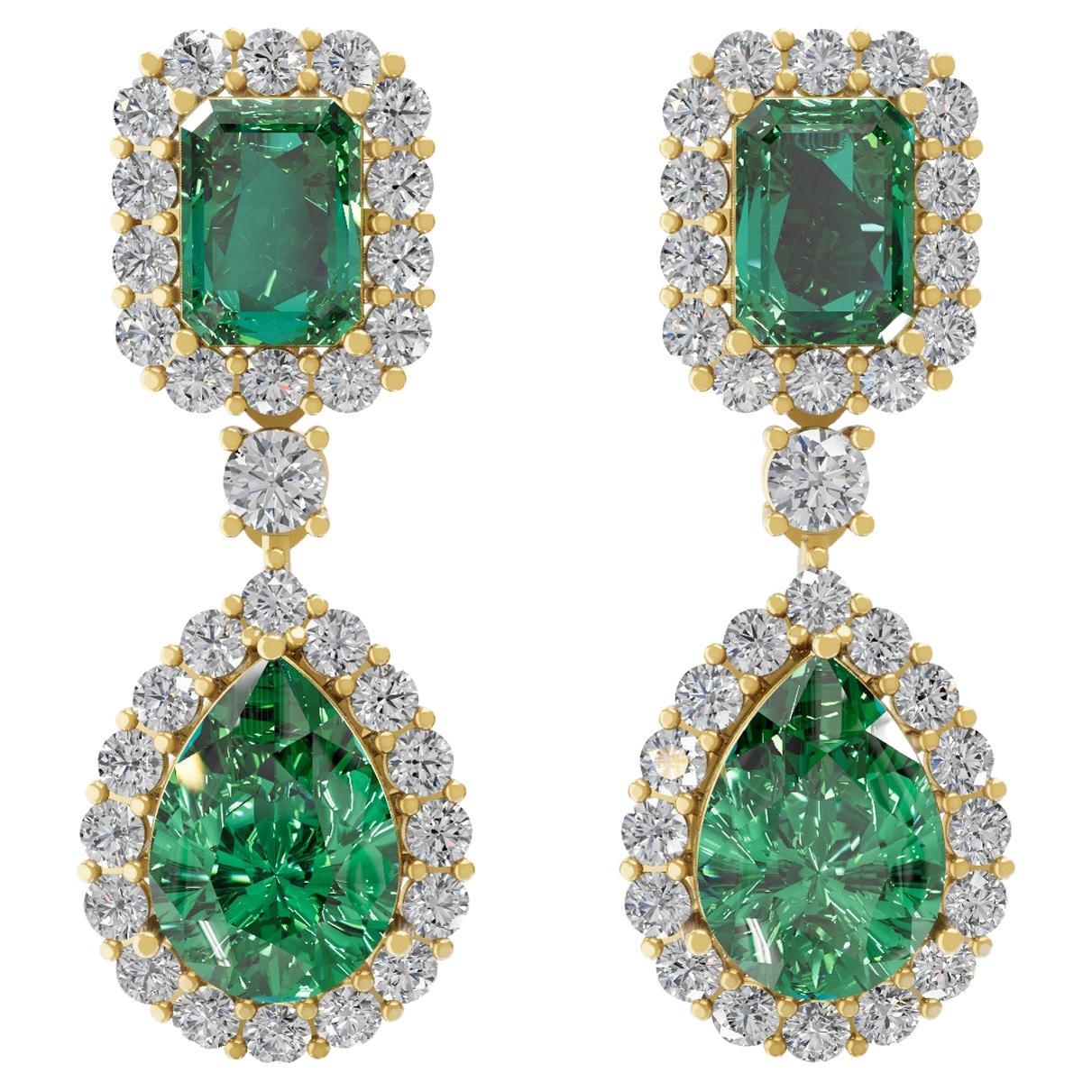 6.19cts Zambian Emerald 1.99 cts SI/H Diamond Dangle Earrings 18k Yellow Gold