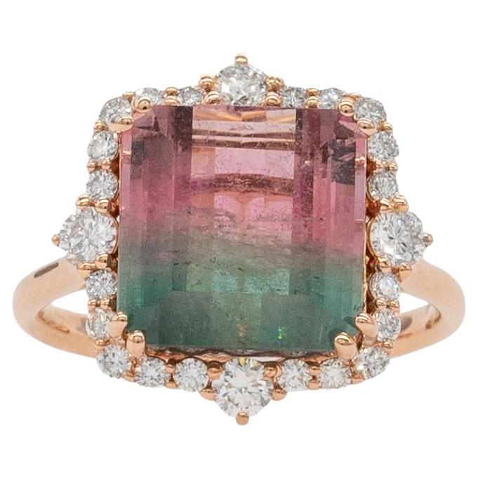 Anillo de Turmalina Bicolor de 6,1cts con Acentos de Diamantes Naturales: Oro macizo de 14k