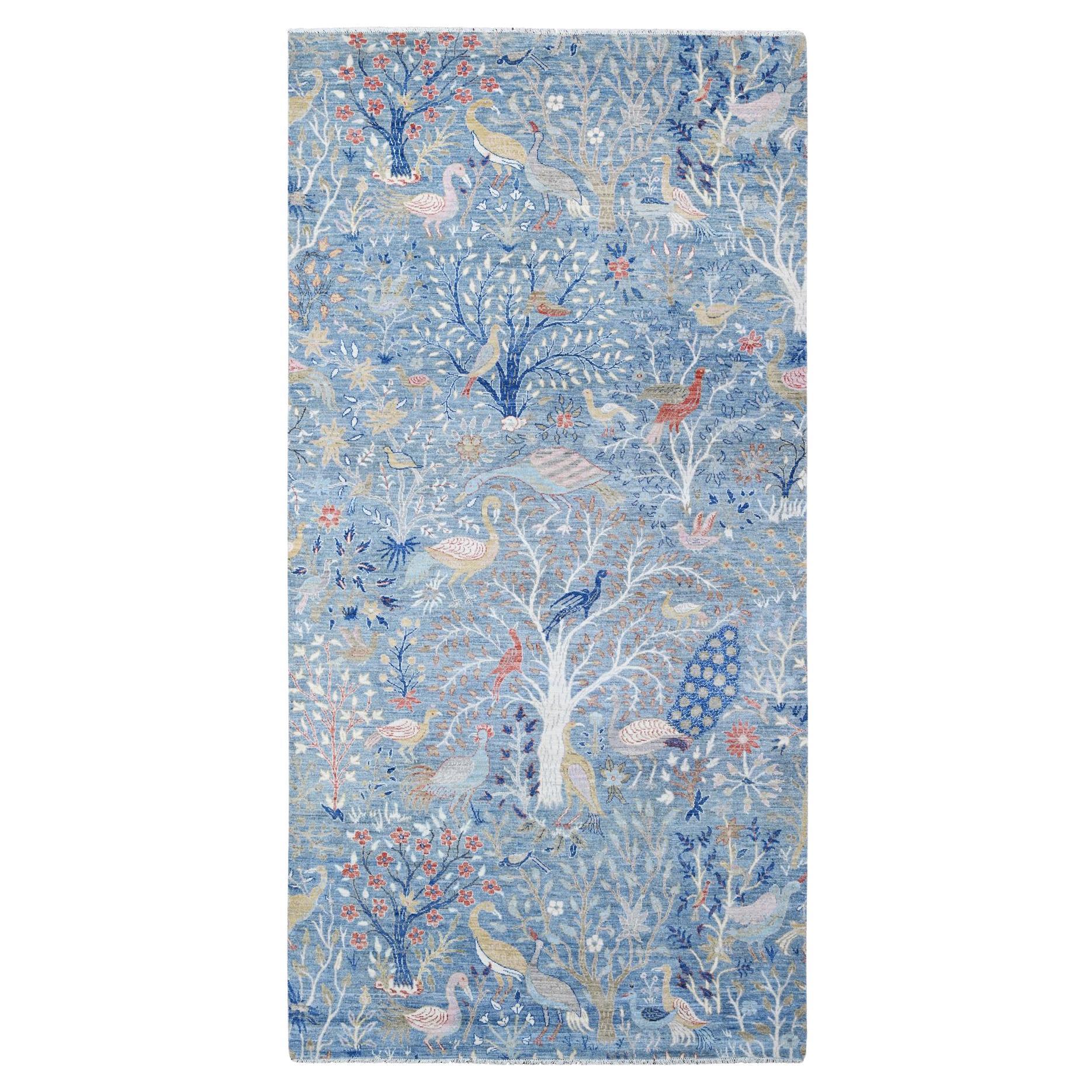 6'1"x12' Blue Peshawar Hand Knotted Birds of Paradise Design All Wool Runner Rug For Sale