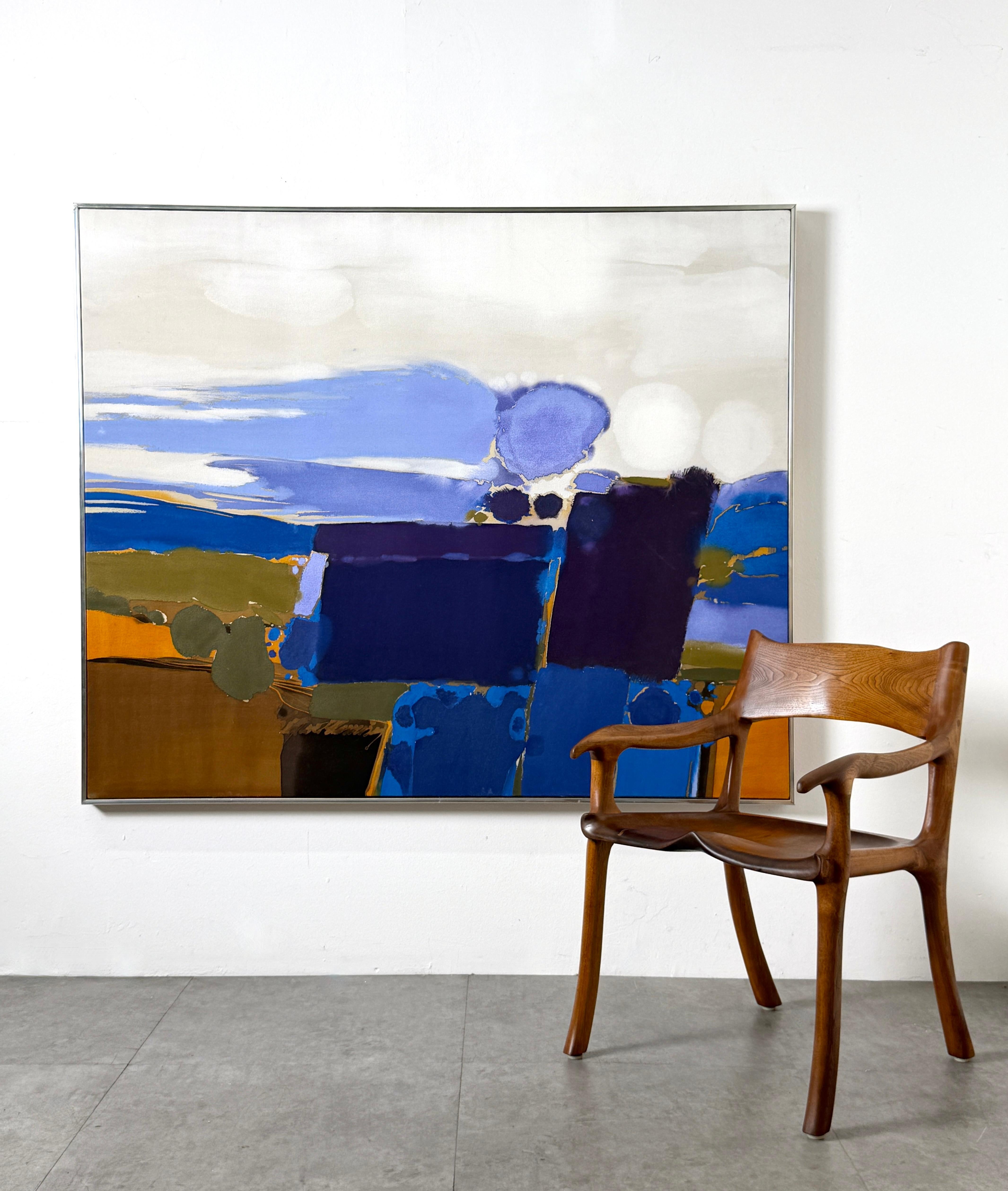 Peinture originale de l'artiste de Cranbrook Ray Frost Fleming (1936-2012).
Sans titre vers les années 1970

Résistant à l'acrylique sur toile dans un contraste saisissant de tons de terre et de bleus vibrants. 
Des lavis doux de gris pâle et de