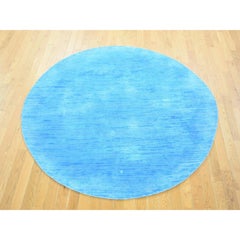 6'1"x6'1" Baby Blue Overdyed Stripe Design with Wool Hand Knotted Round Rug