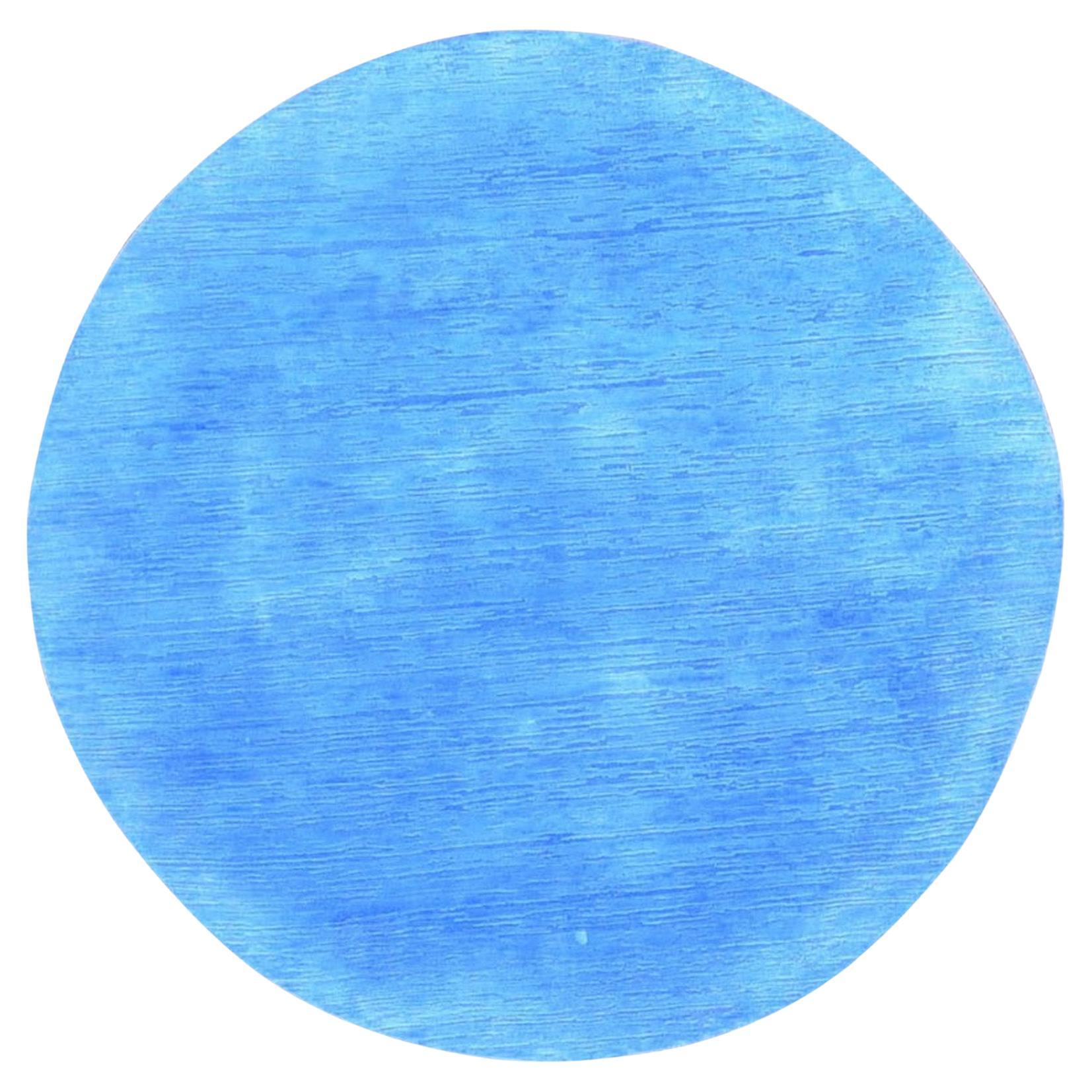 6
1"x6
1" Baby Blue Overdyed Stripe Design with Wool Hand Knotted Round Rug For Sale
