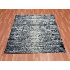 6'1"x6'1" Black Wool and Silk Hand Knotted Striae Design Square Oriental Rug