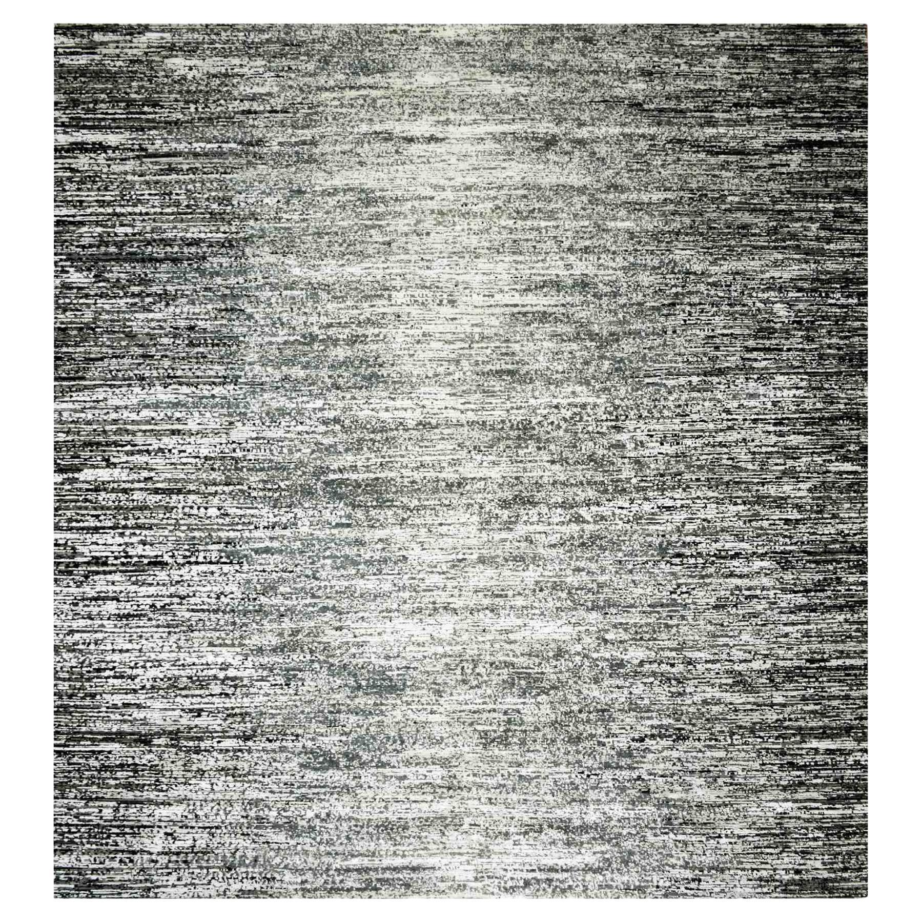 Tappeto orientale quadrato 6'1 "x6'1" nero in lana e seta annodato a mano con design a striature