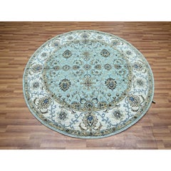 6'1"x6'1" Cerulean Blauer handgeknüpfter runder Wollteppich Agra Shah Abbas Vines Design