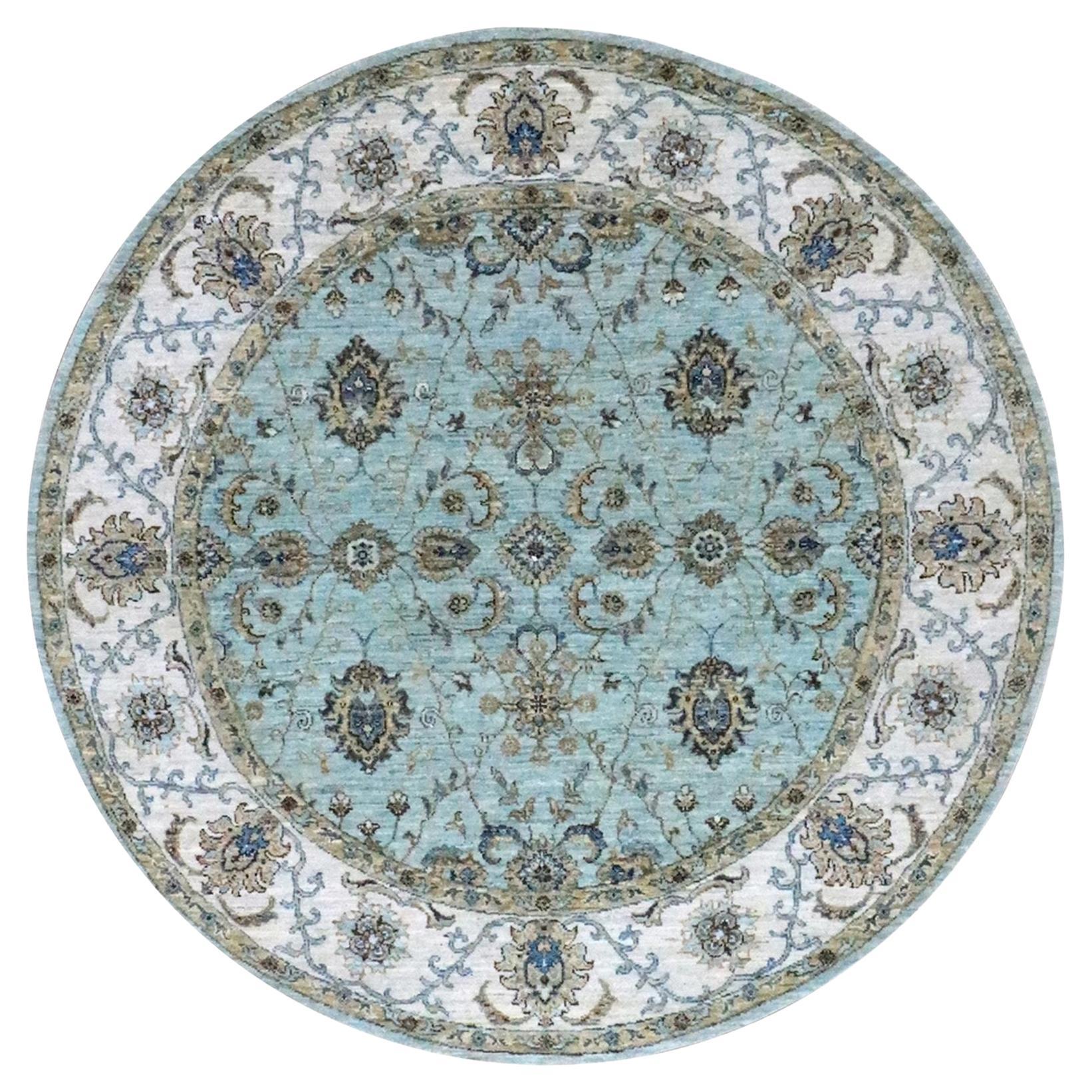 Tappeto rotondo in lana blu ceruleo annodato a mano Agra Shah Abbas Vines Design/One