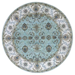 6'1"x6'1" Cerulean Blue Hand Knotted Agra Shah Abbas Vines Design Wool Round Rug