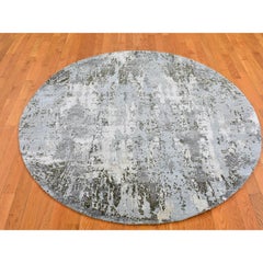 6'1"x6'1" Denser Weave Blue Round Abstract Design Persian Knot Wool and Silk Rug