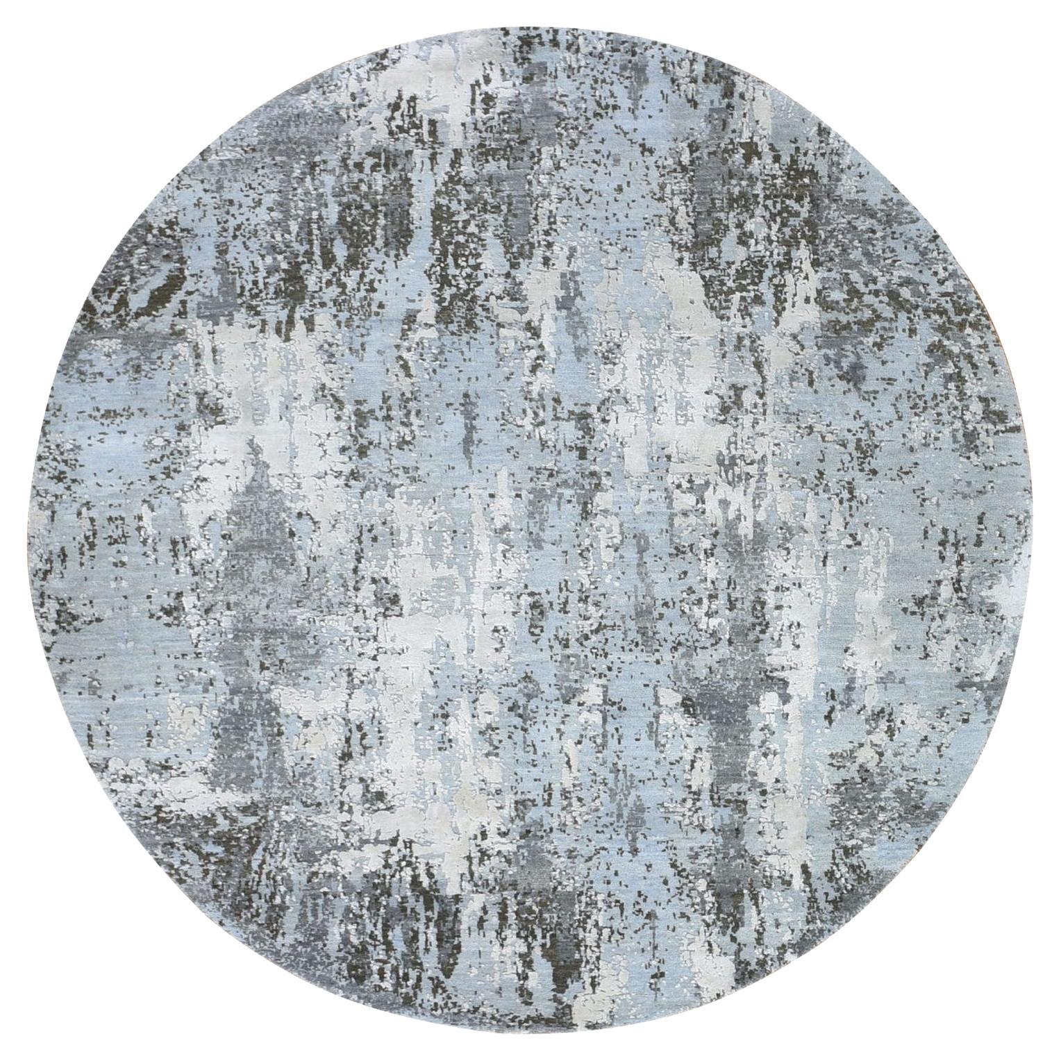6'1"x6'1" Denser Weave Blauer Teppich aus Wolle und Seide mit rundem abstraktem Design mit persischem Knoten