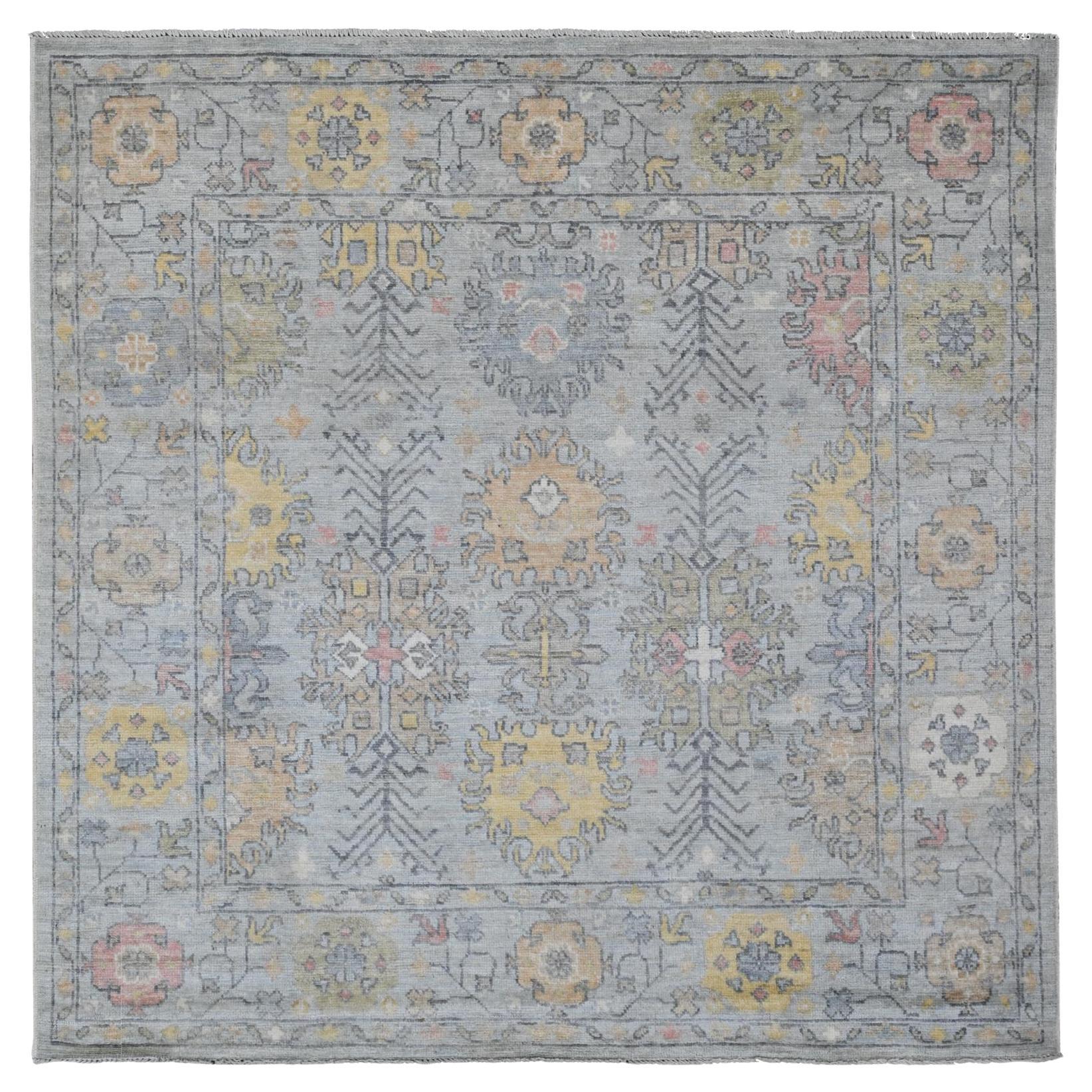 Tappeto quadrato in lana annodata a mano 6'1 "x6'1" grigio Afghan Angora Oushak Leaf Design/One in vendita