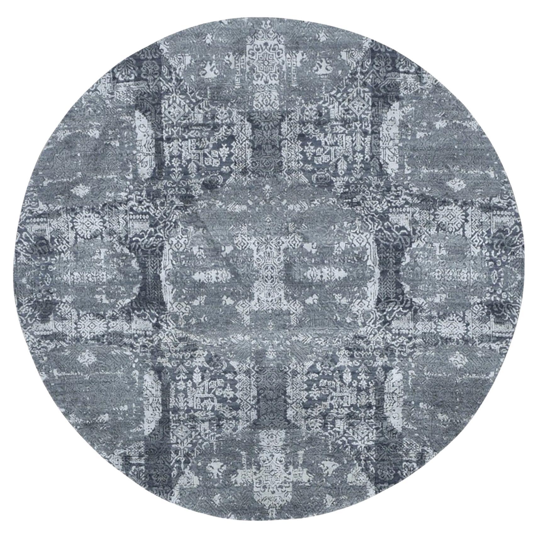 6'1 "x6'1" Tappeto orientale rotondo annodato a mano in lana grigia e pura seta dal design gioiello