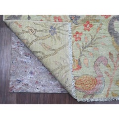 6'1"x6'1" Green Peshawar Birds of Paradise Design Wool Hand Knotted Square Rug