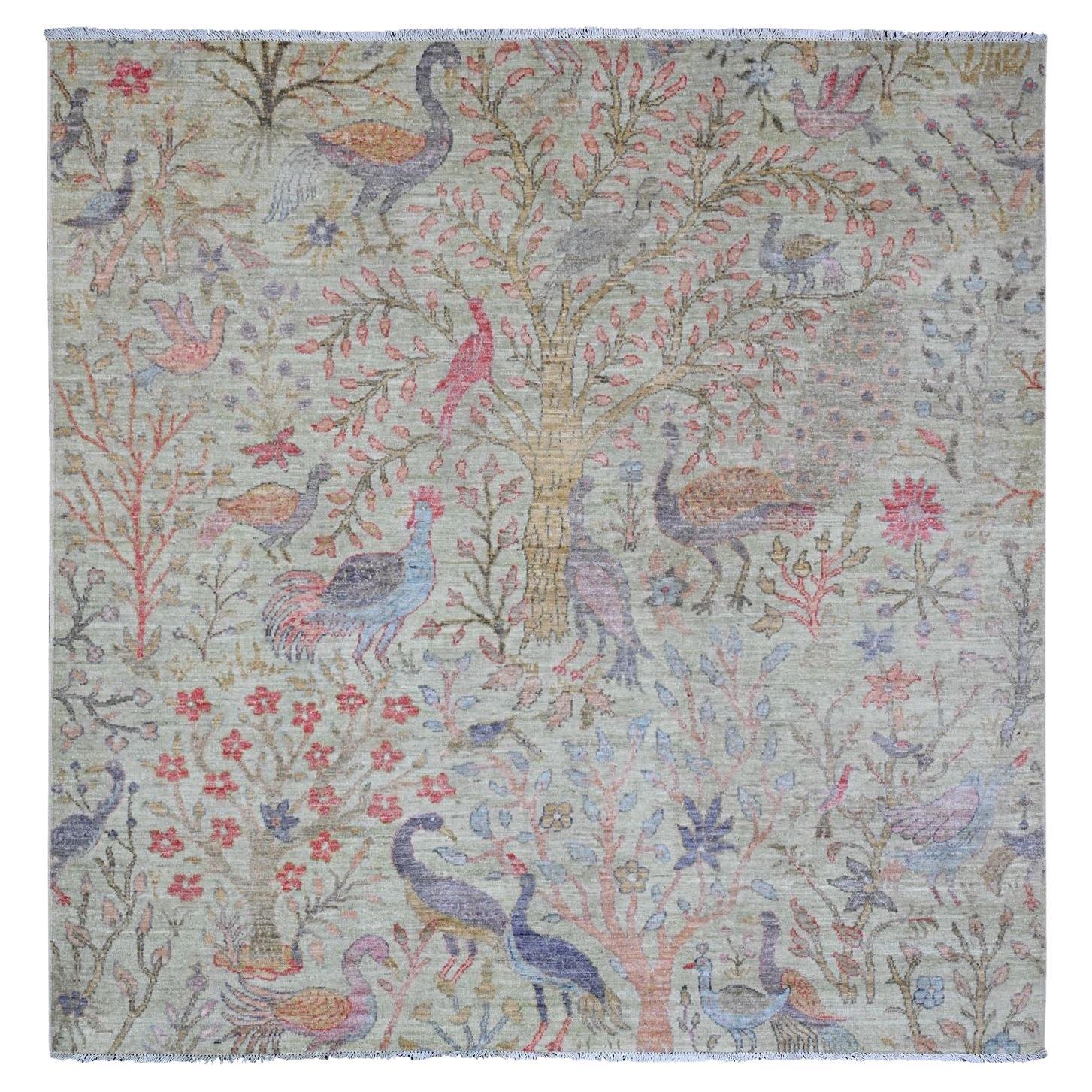 6'1"x6'1" Green Peshawar Birds of Paradise Design Wool Hand Knotted Square Rug