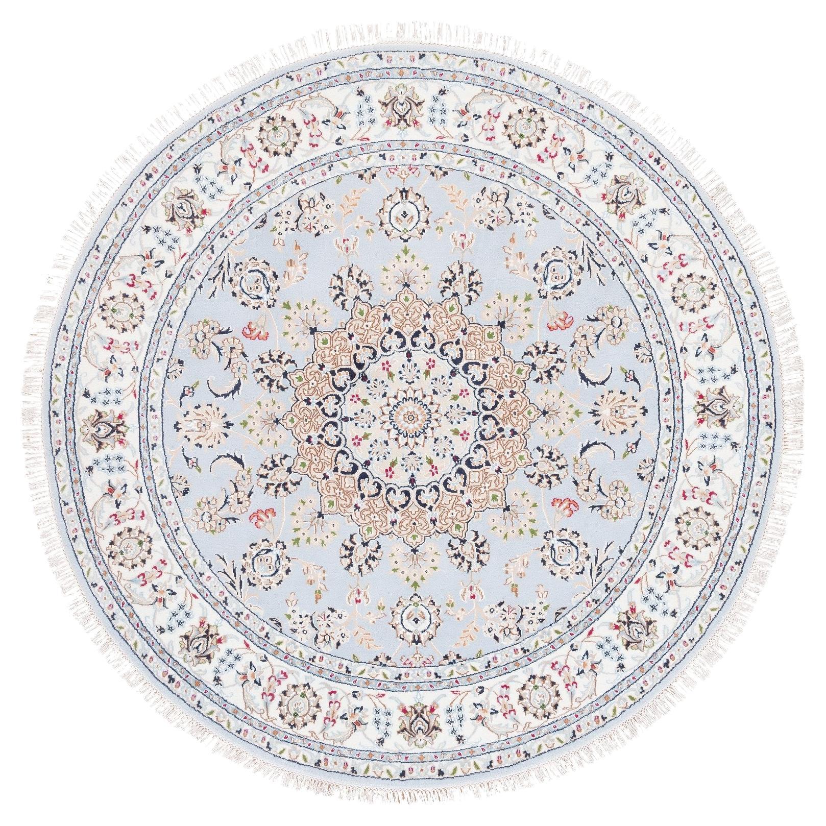 6'1 "x6'1" Laine ronde bleu clair 250 KPSI Nain Tapis noué à la main à motifs de médaillons en vente