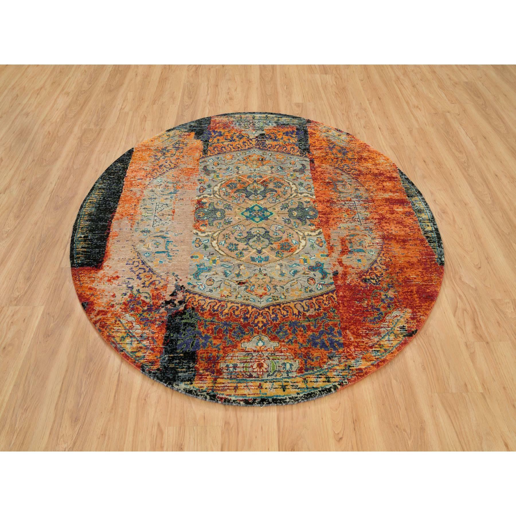 Metallic Orange, Ancient Ottoman Erased Design, Ghazni Wool, Hand Knotted, Round Oriental Rug
Primary materials: Wool
Latex: No Pile 
height: 0.25 Inches
Style: Transitional
Primary color: Orange
Secondary colors: Yellow, Green, Gray, Red, Teal