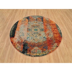6'1"x6'1" Orange, Ancient Ottoman Erased Design, Wool, Hand Knotted Round Rug