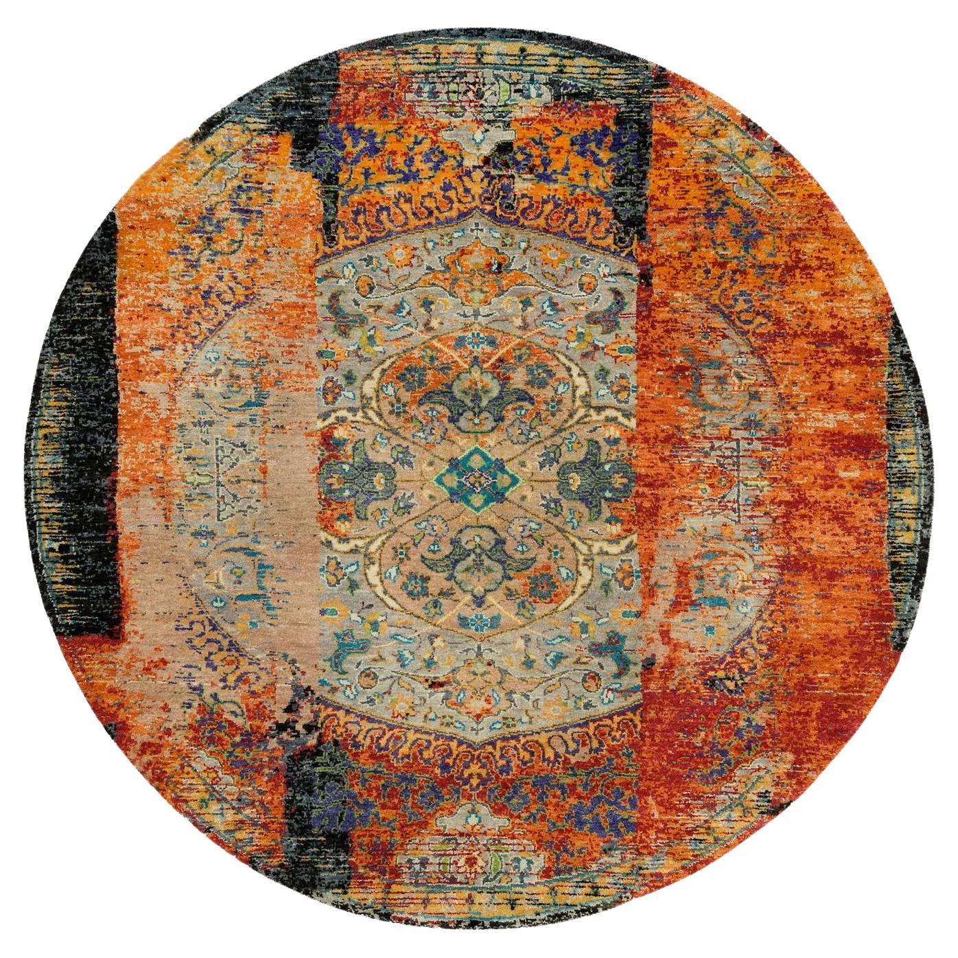 6'1"x6'1" Orange, Ancient Ottoman Erased Design, Wool, Hand Knotted Round Rug