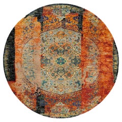 6'1"x6'1" Orange, Ancient Ottoman Erased Design, Wool, Hand Knotted Round Rug