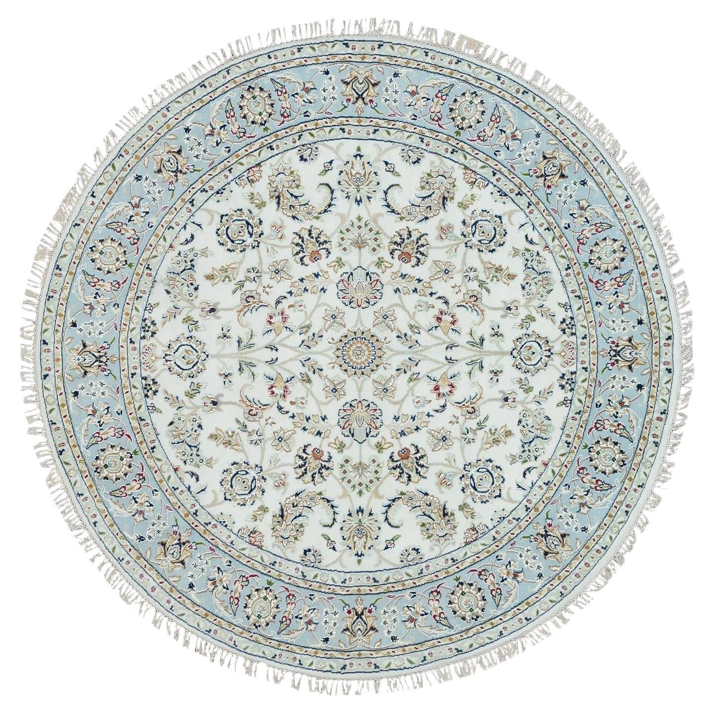 Tappeto rotondo 6'1 "x6'1" Bianco Polvere, 100% Lana, Annodato a mano, Knots Rugs 250 KPSI