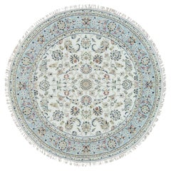 Tappeto rotondo 6'1 "x6'1" Bianco Polvere, 100% Lana, Annodato a mano, Knots Rugs 250 KPSI