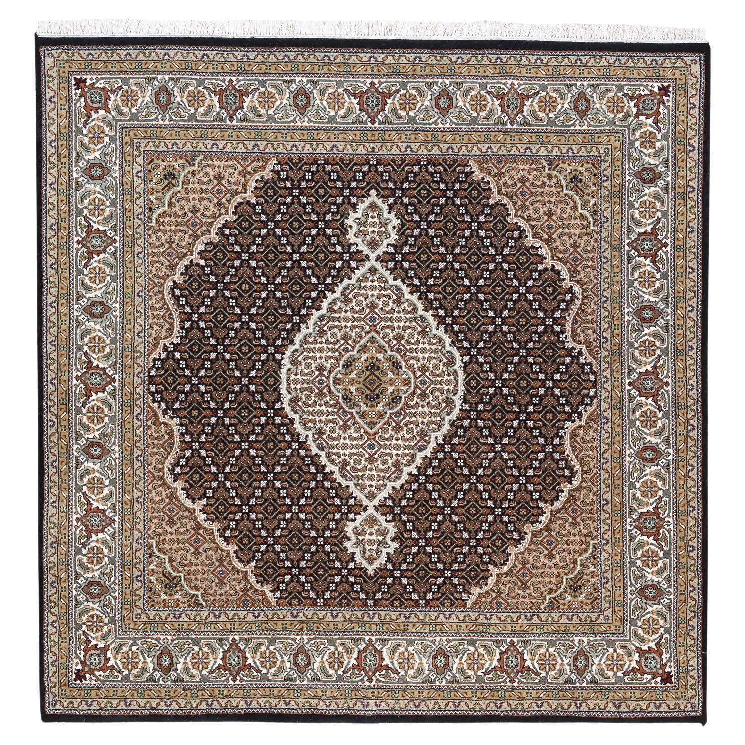 6'1"x6'1" Tabriz Mahi Fish Medallion Design Black Hand Knotted Wool Square Rug