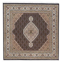 6'1 "x6'1" Tabriz Mahi Fish Design Design Noir Tapis carré en laine nouée à la main