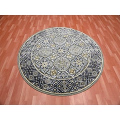 6'1"x6'1" Taupe-Brown Wool Silk Mughal Inspired Hand-Knotted Round Rug