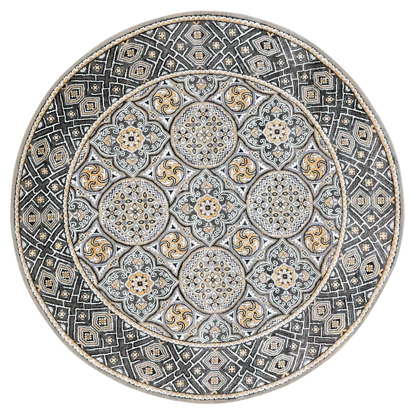 6'1 "x6'1" Taupe-Braun Wolle Seide Mughal inspiriert handgeknüpft Runde Teppich