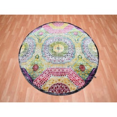 6'1"x6'1" Yellow Hand Knotted Colorful Mamluk Design Silk with Wool Round Rug