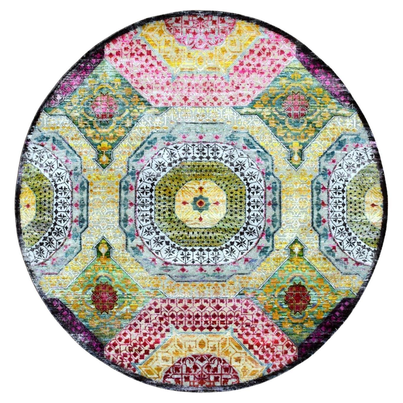 6
1 "x6
1" Yellow Hand Knotsted Colorful Mamluk Design Silk with Wool Round Rug (tapis rond en soie et laine)