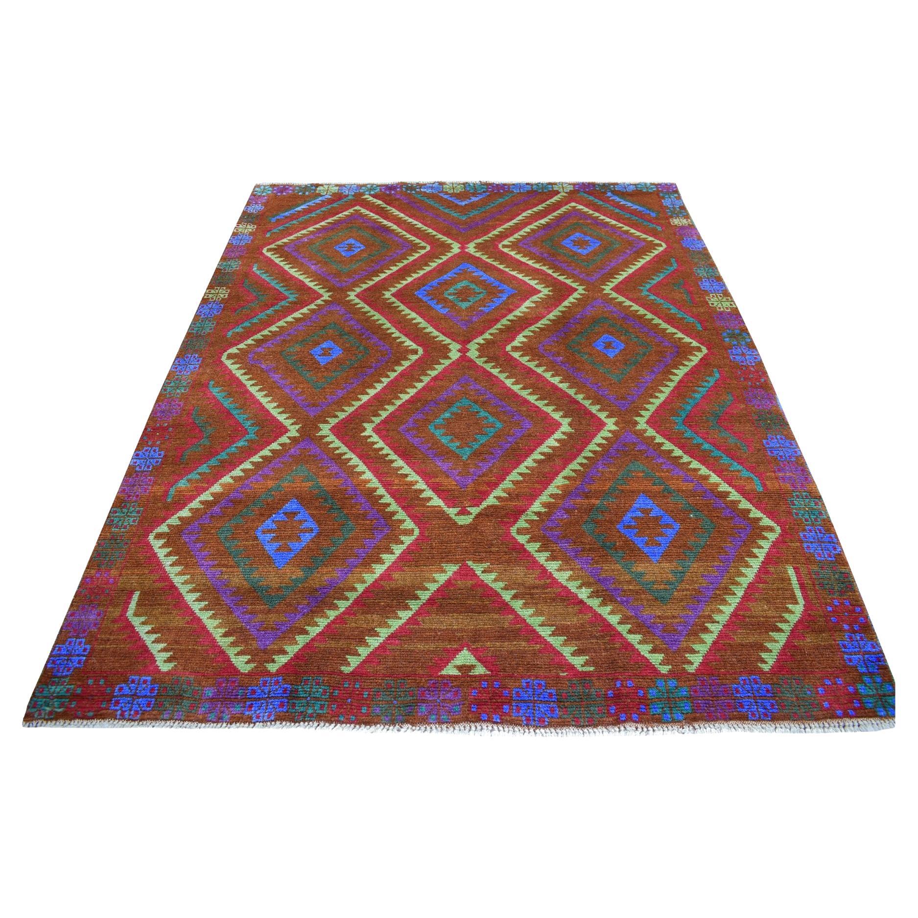 6'1"x7'8" Brown Colorful Afghan Baluch Geometric Design Hand Knotted 100% Wool For Sale