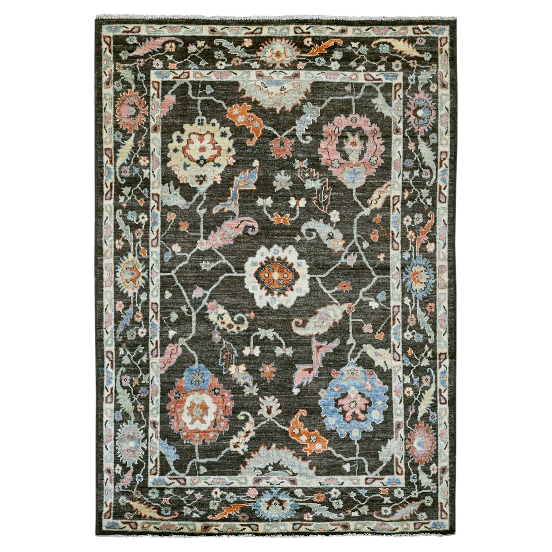 6'1"x8'10" Black Afghan Angora Oushak Leaf Design Hand Knotted Wool Oriental Rug