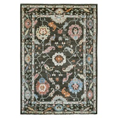 6'1"x8'10" Black Afghan Angora Oushak Leaf Design Hand Knotted Wool Oriental Rug