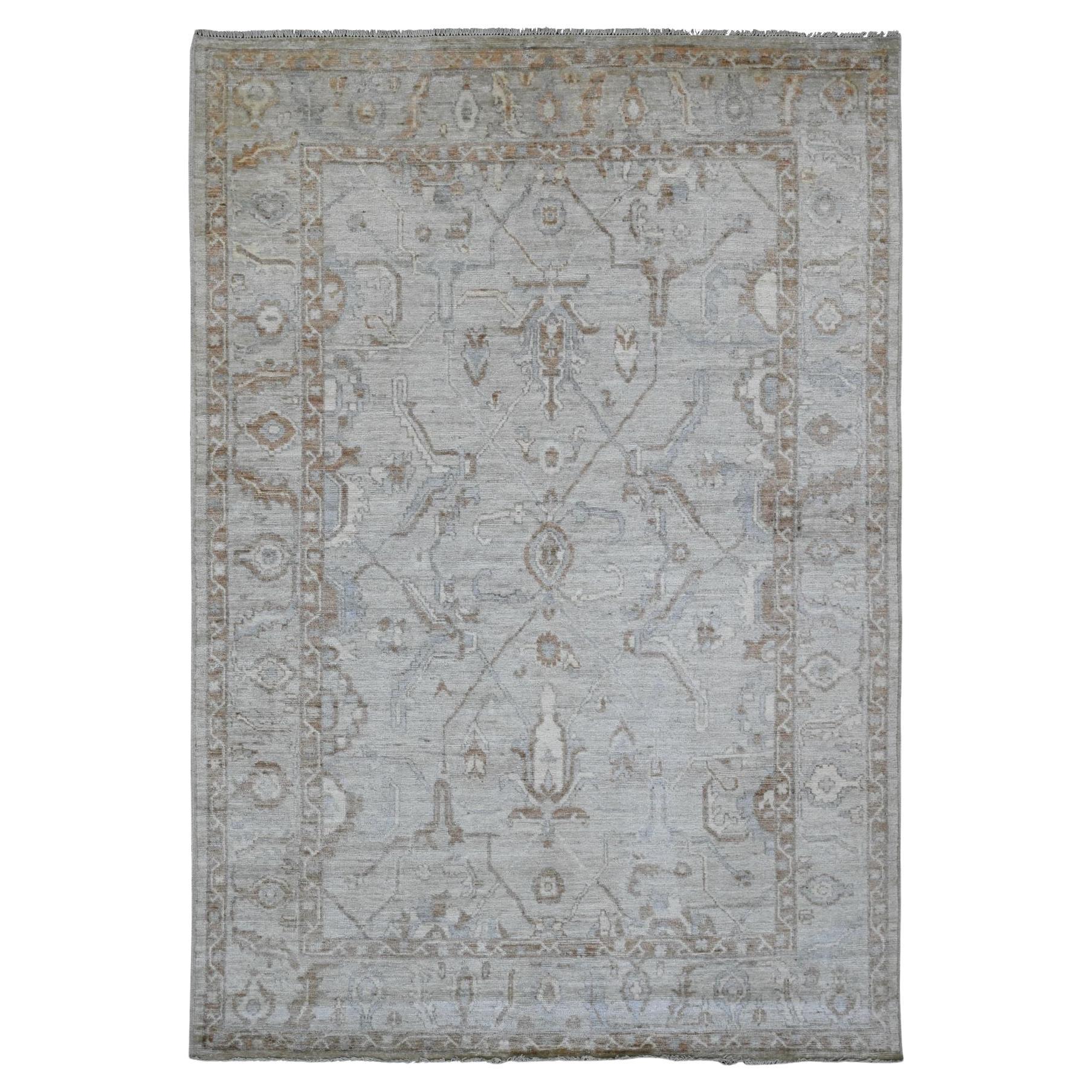 6'1"x8'10" Gray Afghan Angora Oushak Vines Design Hand Knotted Pure Wool Rug