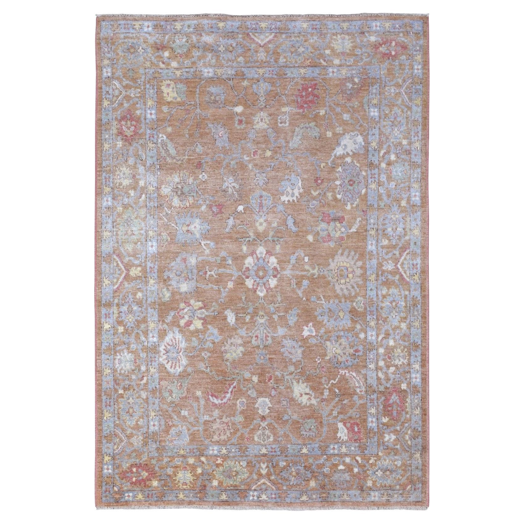 6'1"x8'10" Honey Brown Angora Oushak Flower Design Hand Knotted 100% Wool Rug For Sale