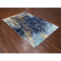 6'1"x8'10" Honorable Blue Wool and Silk Persian Knot Hand Knotted Oriental Rug