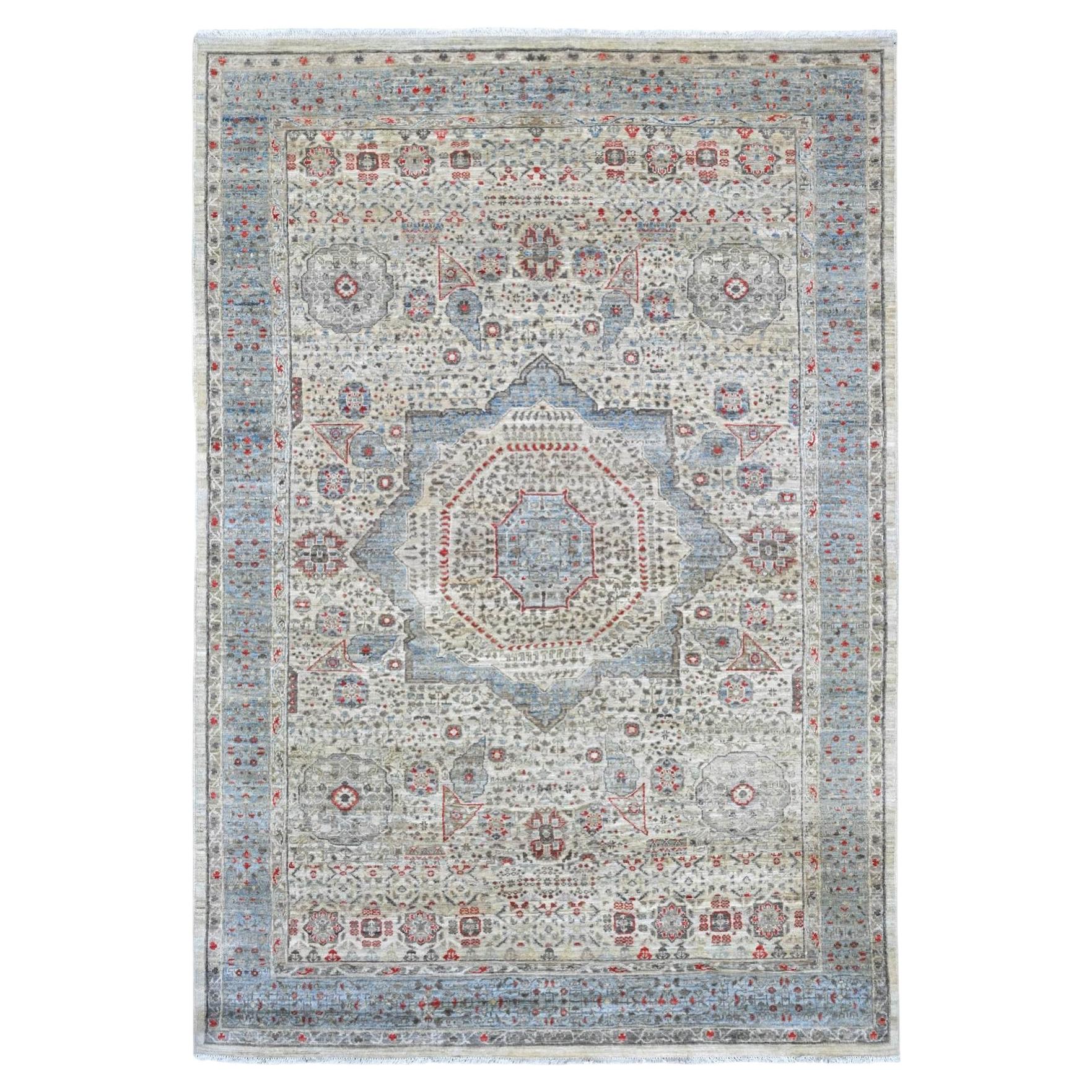 6'1"x8'10" Ivory 14th Century Mamluk Dynasty Pattern Hand Knotted Pure Wool Rug
