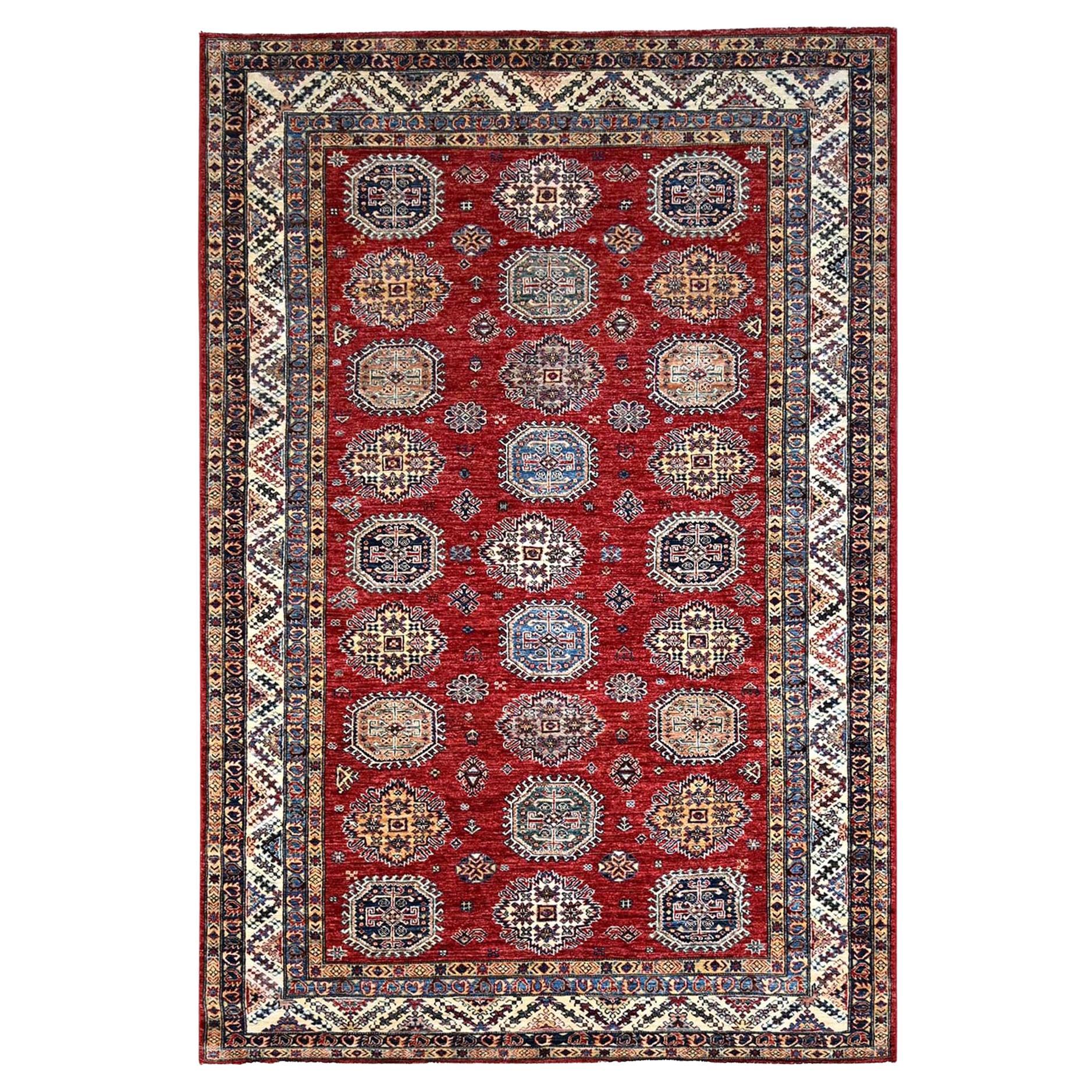 6'1"x8'10" Toreador Red Afghan Hand Knotted Super Kazak Shiny Wool Oriental Rug