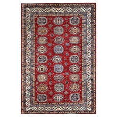 6'1 "x8'10" Alfombra Oriental Toreador Roja Afgana Anudada a Mano Super Kazak Lana Brillante