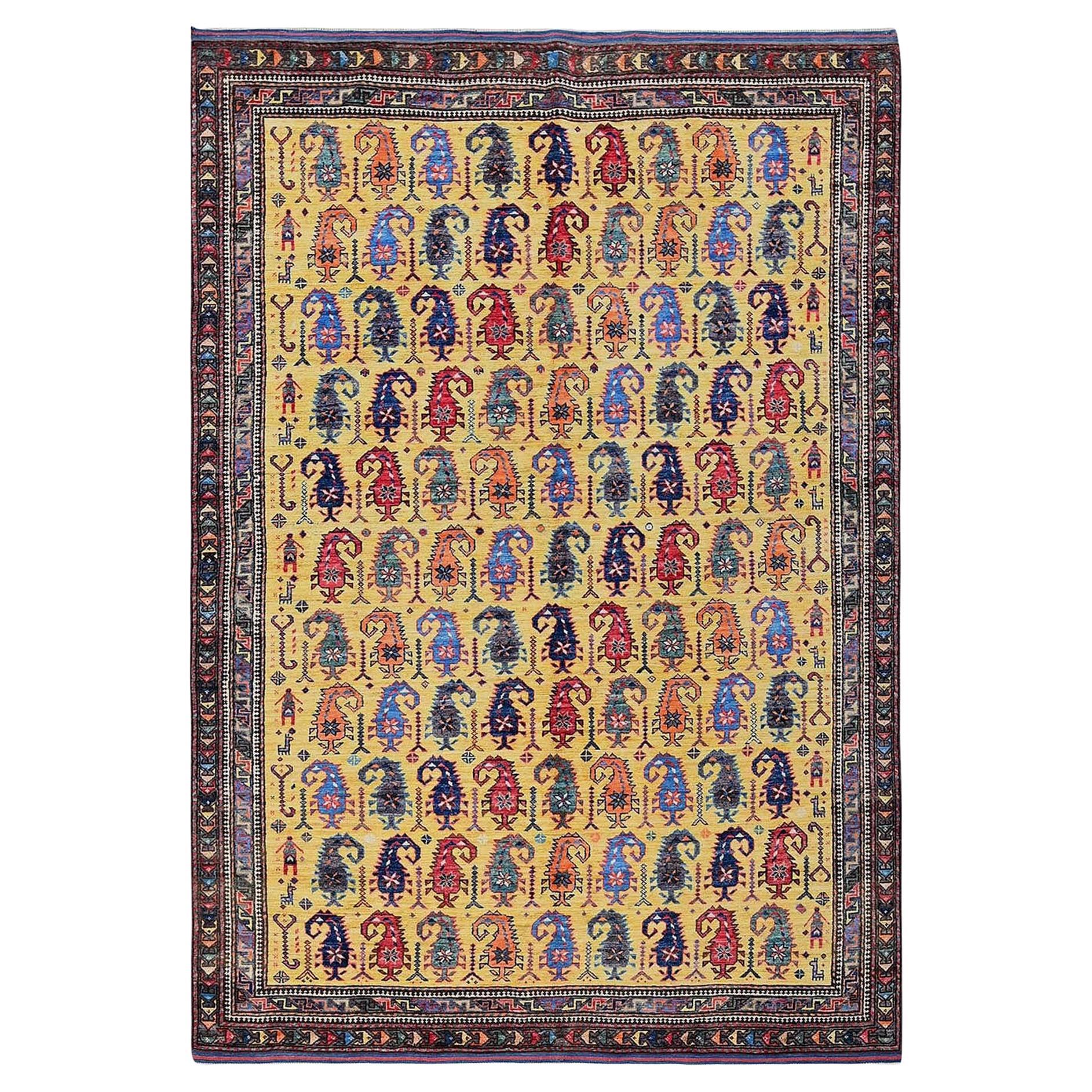 6'1"x8'10" Yellow Afghan Ersari Caucasian Design Revival Hand Knotted Wool Rug