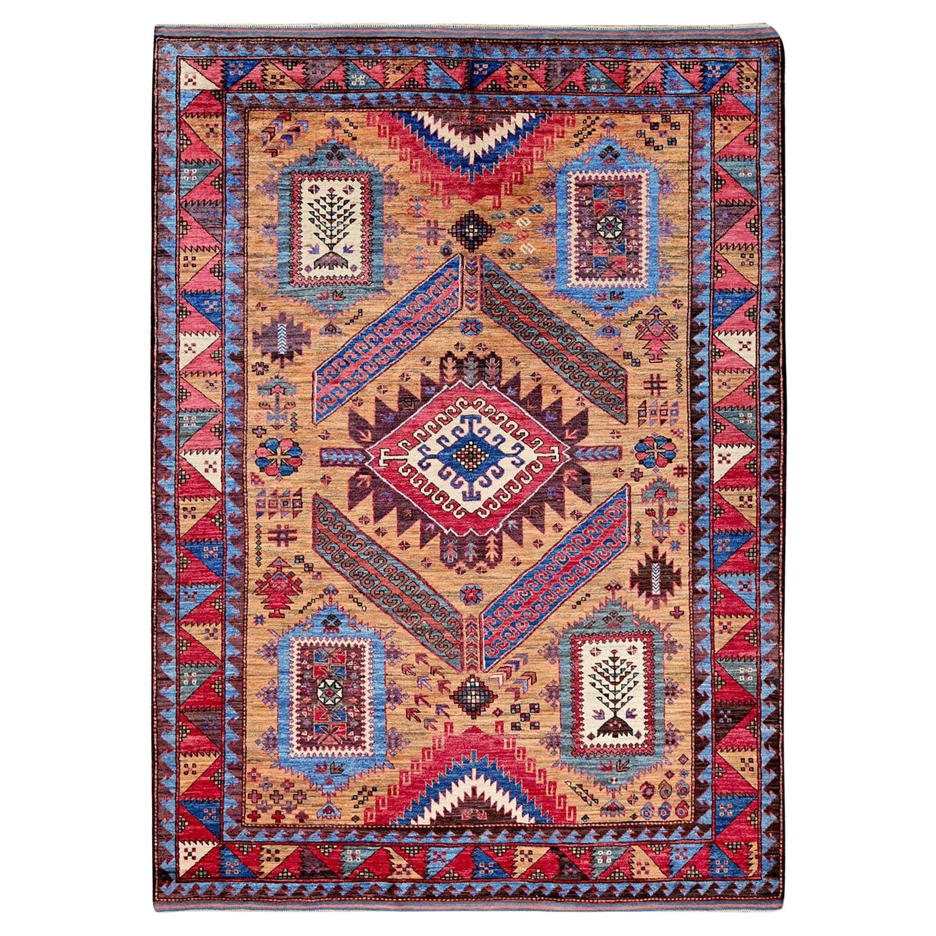 6'1 "x8'4" Ocre Brown Afghan Caucasian Design Revival Hand Knotsted Soft Wool Rug