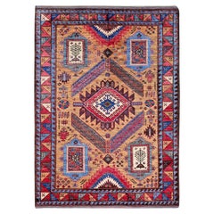 6'1 "x8'4" Ocre Brown Afghan Caucasian Design Revival Hand Knotsted Soft Wool Rug
