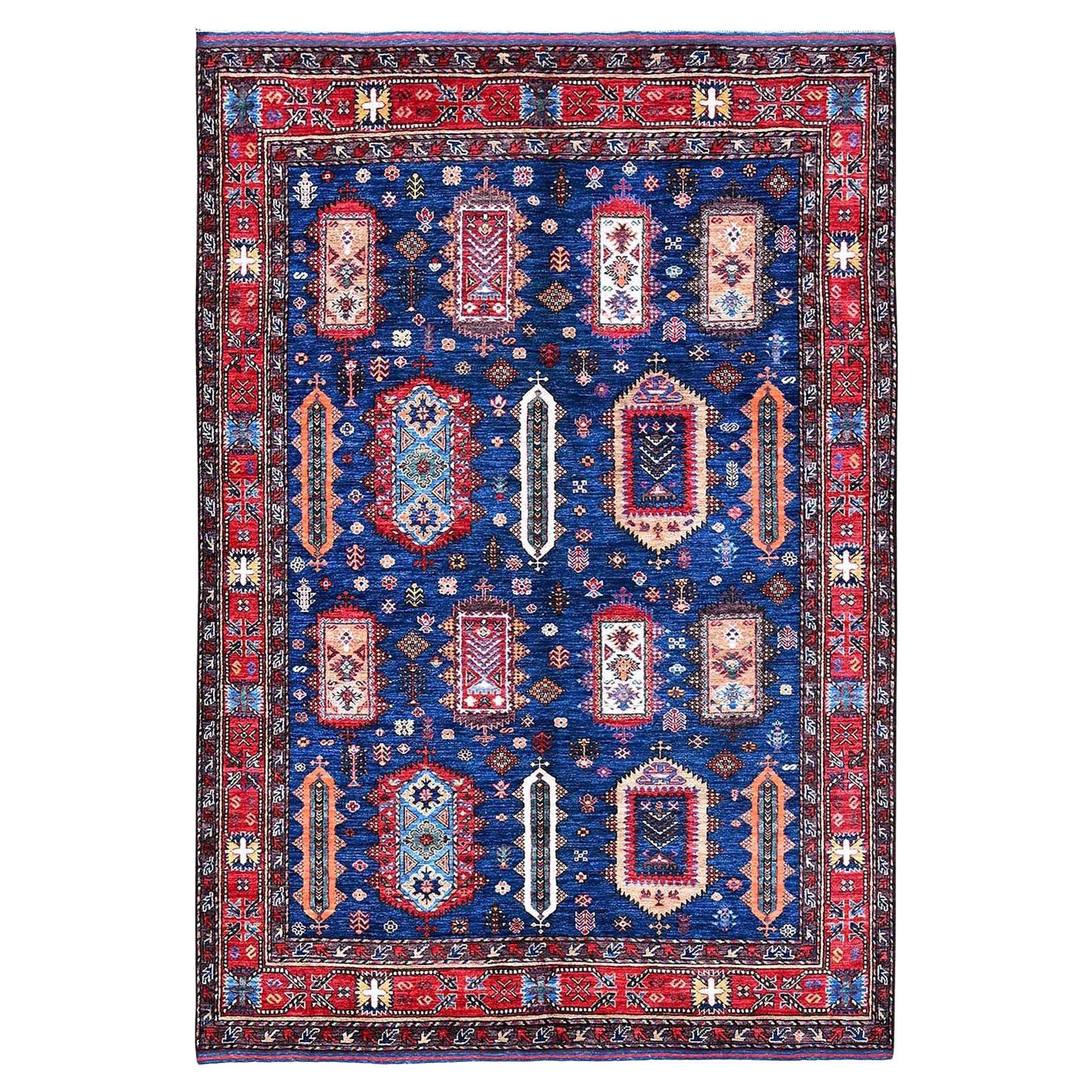 6'1 "x8'5" Blauer afghanischer Ersari mit kaukasischem Design Revival handgeknüpfter Wollteppich
