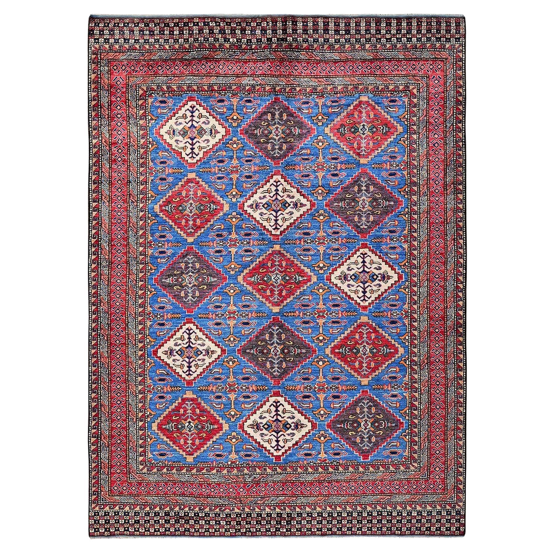 6'1"x8'6" Blue Afghan Ersari with Caucasian Design Revival Hand Knotted Wool Rug