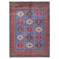 6'1"x8'6" Blauer afghanischer Ersari mit kaukasischem Design Revival Handgeknüpfter Wollteppich