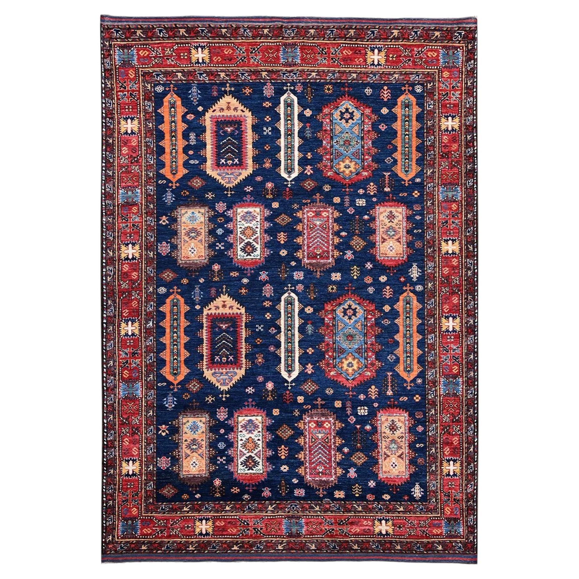 6'1"x8'7" Yale Blue Afghan Ersari with Turkish Knot Hand Knotted Pure Wool Rug