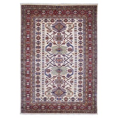6'1"x8'8" Ivory Afghan Super Kazak with All Over Design Hand Knotted Wool Rug