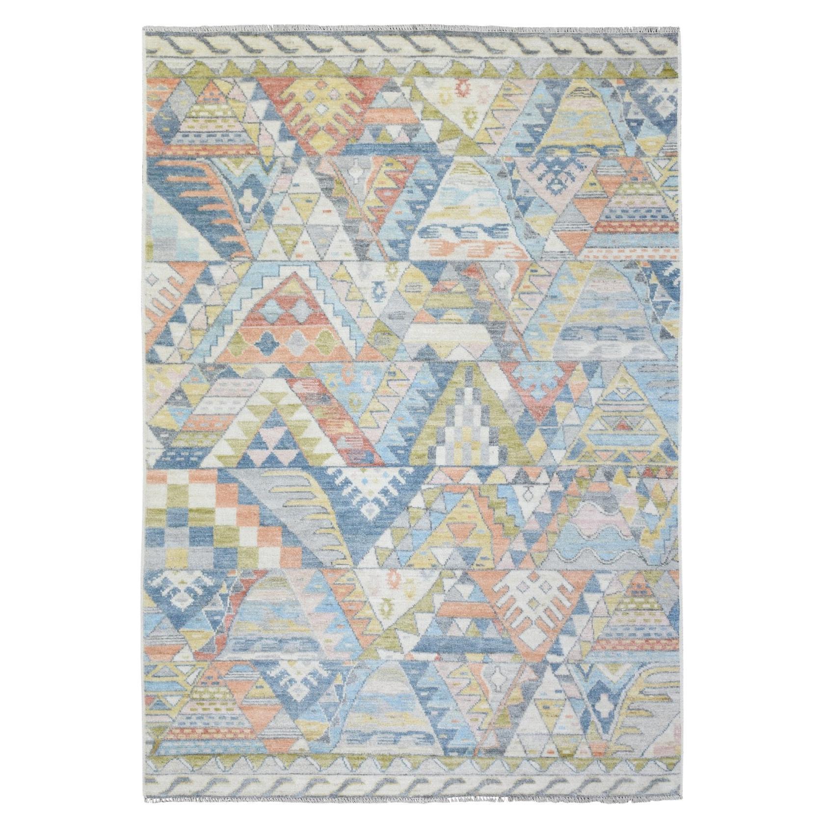 6'1"x8'8" Ivory Hand Knotted Anatolian Village Inspired Patch Work Soft Wool Rug
